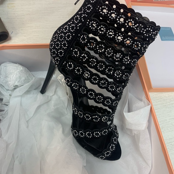 Open Toe Silver Crystal Stiletto Heel Bootie - Black Velvet - Picture 7 of 10